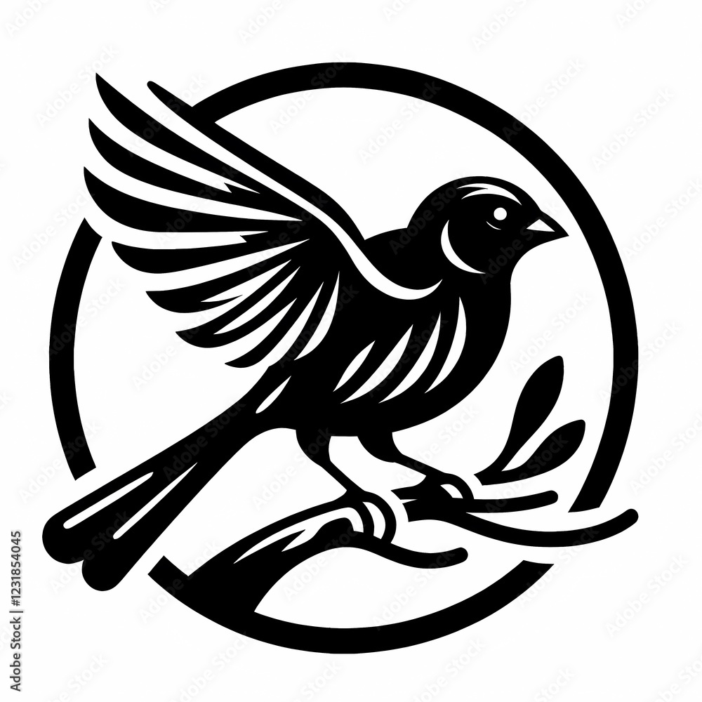 Obraz premium Black silhouette of an indigo bunting bird with a sharp beak perched gracefully in a circular frame