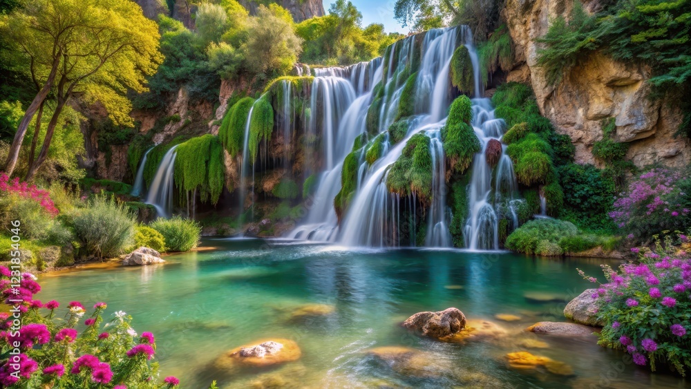 Serene cascade in Fuentes de Algar surrounded by lush greenery and vibrant wildflowers , greenery, Spain Serene cascade in Fuentes de Algar surrounded by lush greenery and vibrant wildflowers , greenery, Spain
