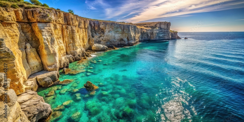 Fototapeta premium Serene ocean scene with rugged cliff face, rocky shoreline and turquoise water, calm, nature, calm, nature, shore