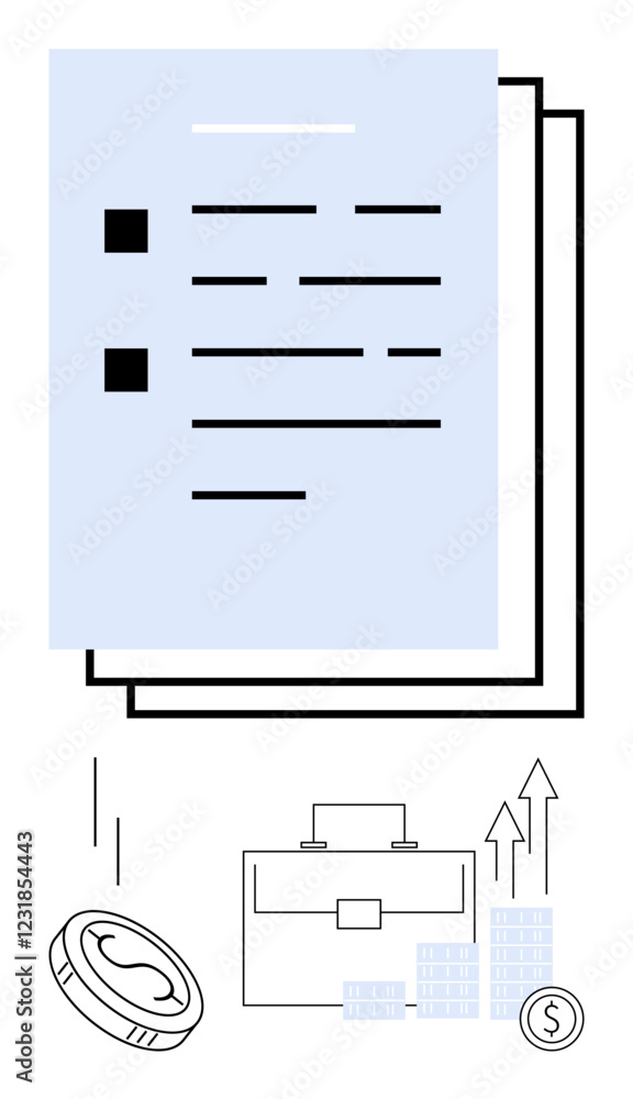 Business documents, briefcase, coin, and bar chart with arrows depicting financial growth. Ideal for reports, presentations, finance, planning strategy economics investments. Line metaphor