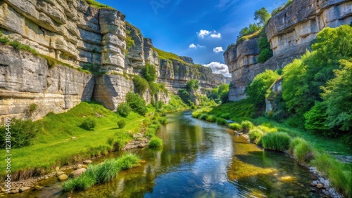 Ancient limestone canyon walls rise dramatically against a clear blue sky with a meandering small creek flowing gently through green lush vegetation, wilderness landscapes, river in valley photo