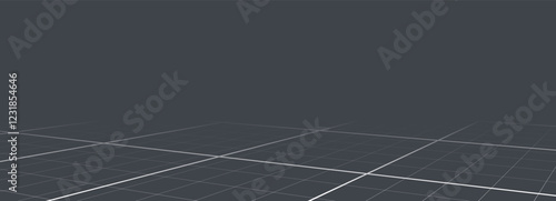Gray background with white perspective grid lines creating a square pattern. Template platform for technology, user interface, industry, science, blueprint, or infographic concept. Vector illustration