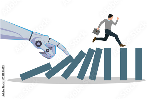 Vector of a robot hand pushing dominoes while businessman runing away from falling effect. Human vs AI concept