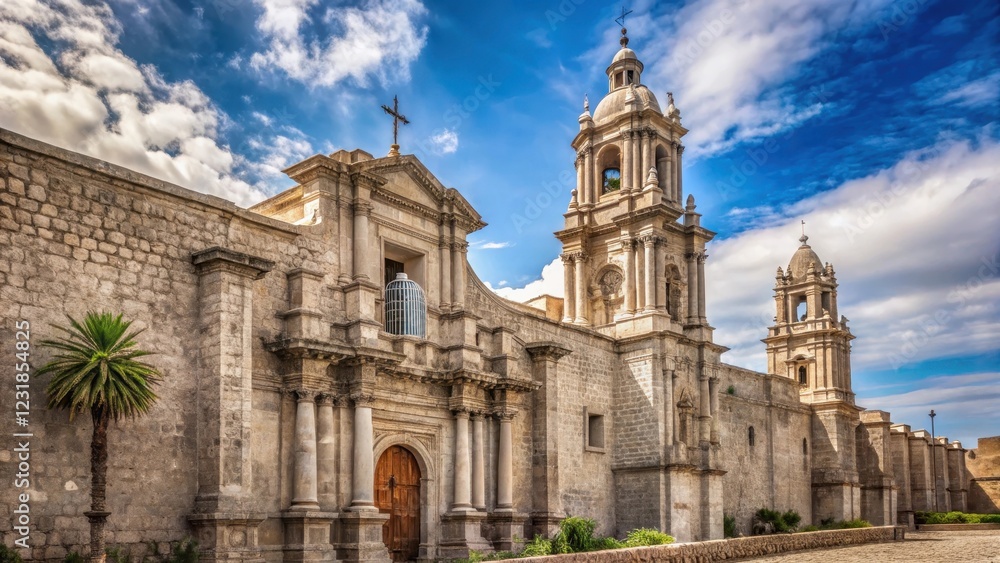 Ancient stone walls of Cathedral in Arequipa Peru, ancient architecture, peru Ancient stone walls of Cathedral in Arequipa Peru, ancient architecture, peru