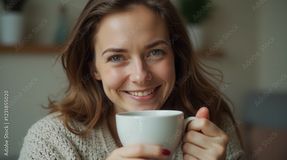 close up portrait of a smiling young Caucasian woman enjoying the aroma of fresh coffee at home while relaxing and enjoying the day close up portrait of a smiling young Caucasian woman enjoying the aroma of fresh coffee at home while relaxing and enjoying the day