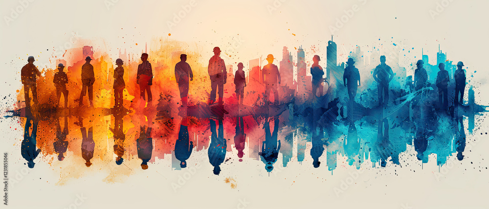 Obraz premium Silhouettes of diverse people merging through vibrant colors reflecting identity and culture in an urban landscape