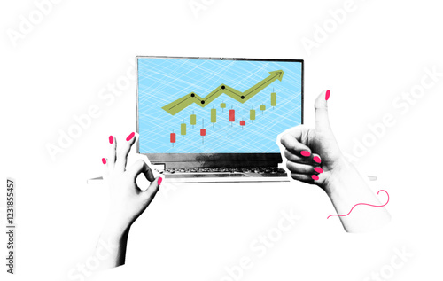 Stylish collage cryptocurrency halftone. Laptop with bitcoin trading chart going up. bull market Sales growth design. Hands with magnifying glass and thumb up on transparent background