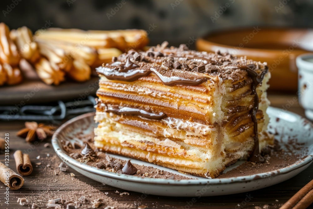Layered cake with chocolate frosting and chocolate chips on top Layered cake with chocolate frosting and chocolate chips on top