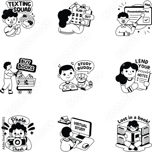 Set of Glyph Style Students Stickers 