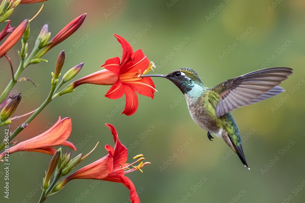 Fototapeta premium A Vibrant Hummingbird Hovers Near a Radiant Hibiscus Flower, Showcasing the Beauty of Nature’s Pollination Process
