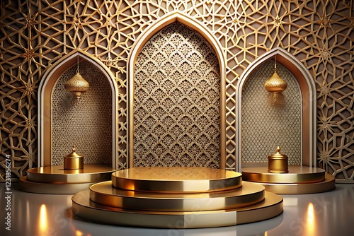 Islamic 3d podium round stage for Eid Mubarak, Ramadan Kareem, Muharram, Iftar on color background. 3d ramadan kareem background gold crescent decoration with golden lamp and podium
