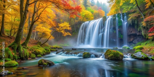 Misty waterfall in Oirase stream surrounded by vibrant autumn leaves and lush greenery