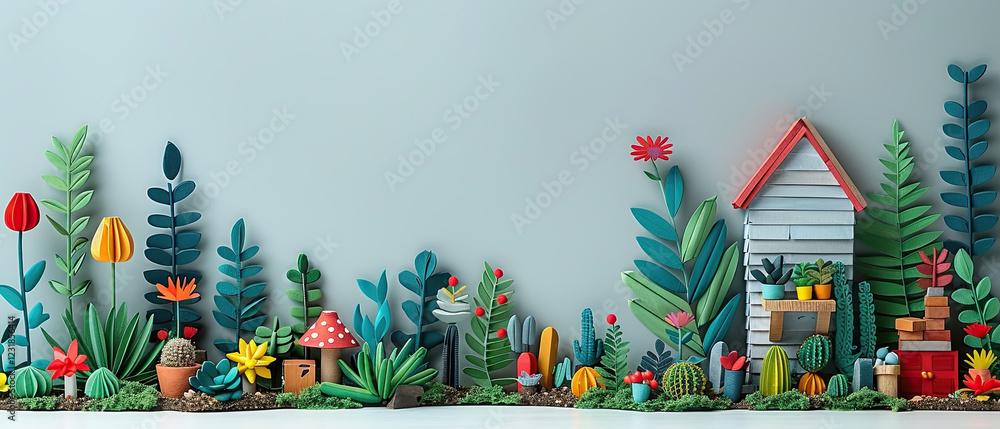 Obraz premium Colorful paper garden scene with whimsical house and vibrant plants during sunny springtime