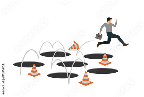 Avoid pitfall, adversity and brave to jump pass mistake or business failure, skill and creativity to solve problem concept, smart businessman jump pass many pitfalls to achieve business success.