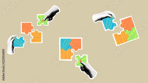 Halfton Hands With Puzzles Collage set of elements  symbol of teamwork unity colleagues puzzle problem solving