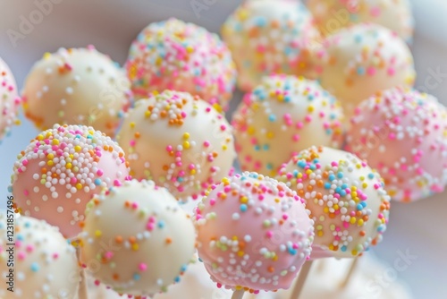 Pink and white cake pops covered with colorful sprinkles create a festive and sweet treat