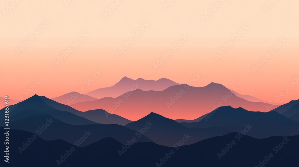 Fototapeta premium Gentle light from the setting sun enveloping a tranquil mountain landscape, creating an ethereal panorama filled with layered peaks and serene valleys, inspires a sense of calm and beauty