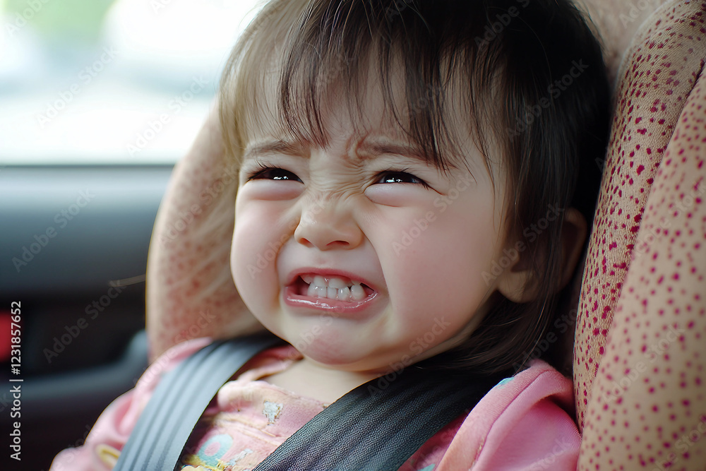 Generative AI image of a crying child sitting in a car seat, expressing emotions during a car ride Generative AI image of a crying child sitting in a car seat, expressing emotions during a car ride