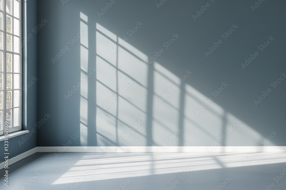 Fototapeta premium Sunlight streams through window onto empty room's blue wall and floor.