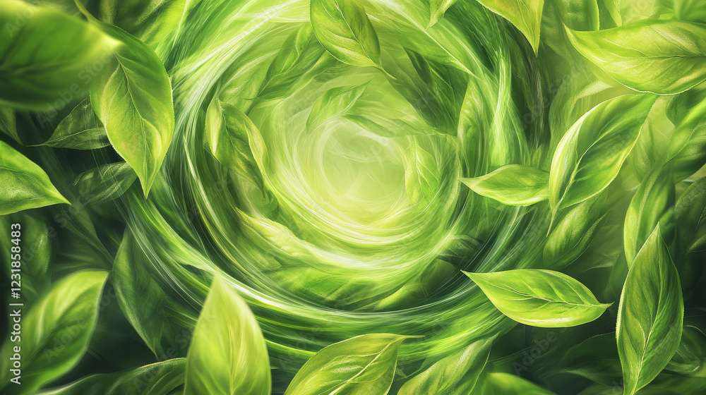 Obraz premium Freshness effect, green air, twist wind flow with green leaves. Glow vortex swirls, wand trail, fresh green tea breath or detergent isolated on transparent background, Realistic 3d vector illustration