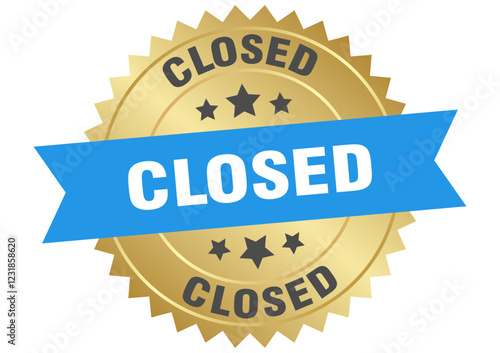 closed. closed round blue and gold label isolated on transparent background