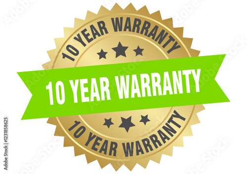 10 year warranty. 10 year warranty round green and gold label isolated on transparent background