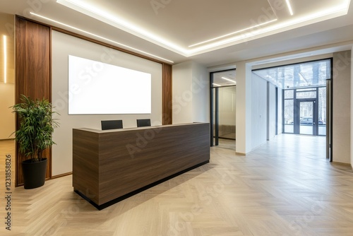 Wallpaper Mural Modern office reception area with wooden desk, blank screen, and herringbone flooring. Torontodigital.ca