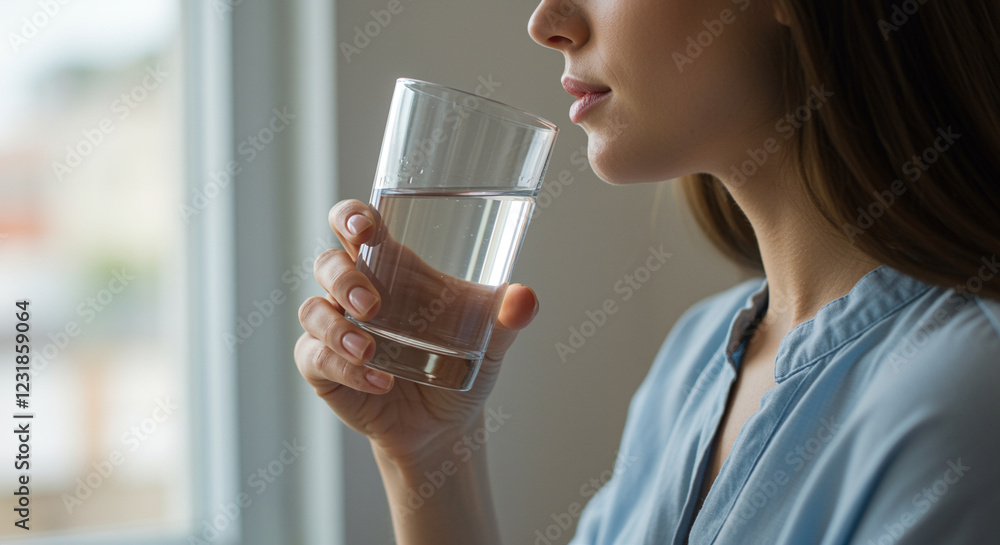 Glass of water in woman hand drinking water. Woman drinks water from glass. Female drinking water Glass of water in woman hand drinking water. Woman drinks water from glass. Female drinking water