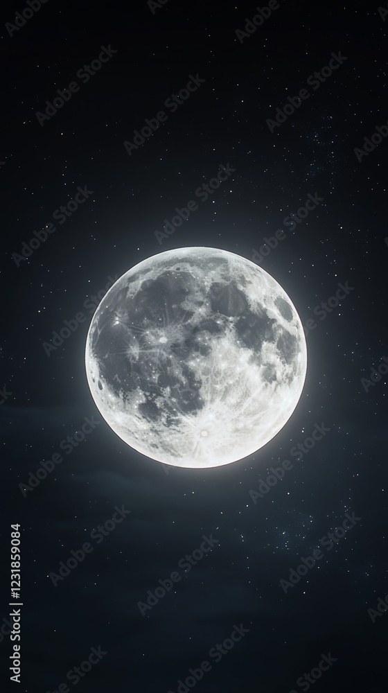 Fototapeta premium Full moon illuminating the night sky, creating a mesmerizing celestial scene with countless stars twinkling around it, evoking a sense of wonder and tranquility