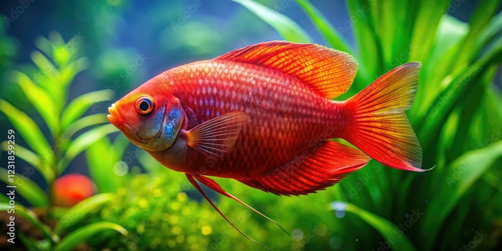 Fiery panoramic view: Red Flame Gourami, a stunning freshwater aquarium fish. Fiery panoramic view: Red Flame Gourami, a stunning freshwater aquarium fish.