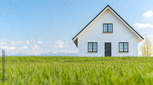 Wallpaper Mural Modern white house, green field, mountain view, real estate Torontodigital.ca