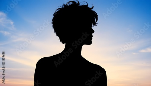 A silhouette of a person with short, wavy hair, featuring shattered fragments, in a vibrant sky background. The figure has a mix of dark and colorful elements, suggesting a broken or surreal appearanc photo