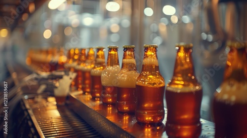 A number of glass bottles on a factory bottling production line, demonstrating a blurred industrial background, a production concept. photo