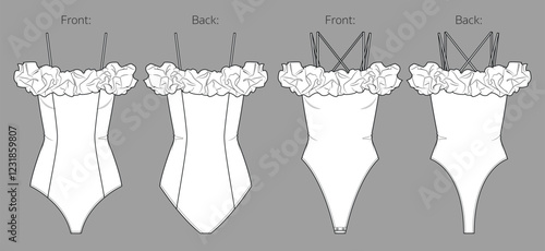 Vector woman off shoulder bubble hem at upper edge body fashion CAD, bodysuit with shoulder straps technical drawing, template, flat, sketch. Jersey fabric 2 pcs body set with front view, white color
