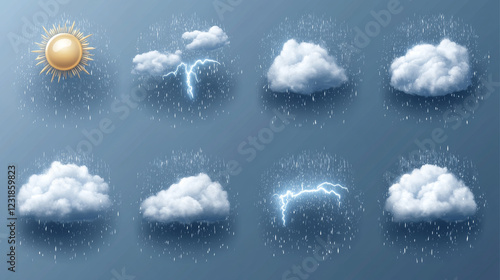 Weather meteo icons realistic set vector illustration. Realistic elements for weather forecast, sun, moon, clouds with snow and rain, thunderstorm with lightning isolated on transparent background