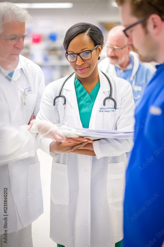 Diverse Medical Team Collaborating, Reviewing Patient Charts Together with Focus and Expertise Diverse Medical Team Collaborating, Reviewing Patient Charts Together with Focus and Expertise