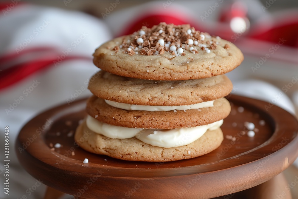 Sweet dessert stack with creamy filling and festive toppings on a wooden plate in cozy setting Sweet dessert stack with creamy filling and festive toppings on a wooden plate in cozy setting