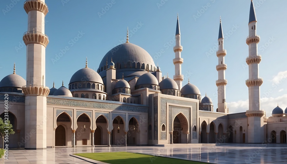 Fototapeta premium A stunning mosque with grand domes and towering minarets, featuring intricate Islamic architecture, elegant arches, and a spacious courtyard under a clear blue sky.