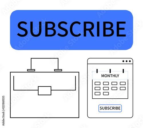 Subscribe button, calendar with monthly plan, and briefcase highlight digital subscriptions, plans, and services. Ideal for advertising, memberships, scheduling, productivity business marketing