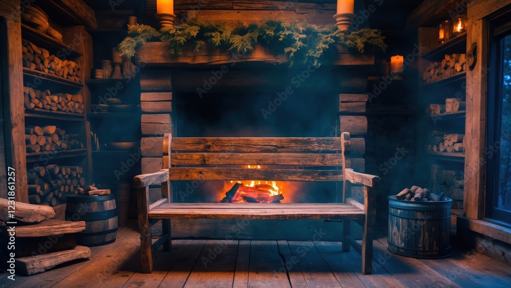 Cozy cabin interior with bench and fireplace Cozy cabin interior with bench and fireplace