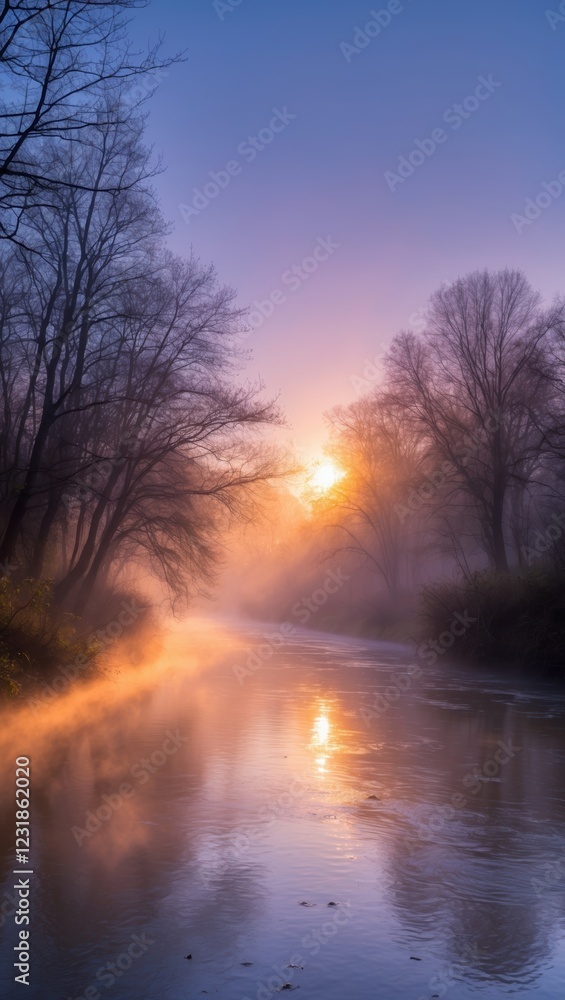 Naklejka premium Ethereal Dawn by the Misty River