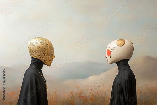 Unique encounter between artistic humanoid figures in a serene landscape at dusk
