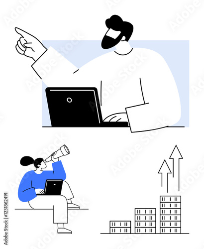 Man pointing at data on a laptop, woman using a telescope with a laptop, and upward growth charts. Ideal for teamwork, business planning, growth, innovation, leadership, vision abstract line flat