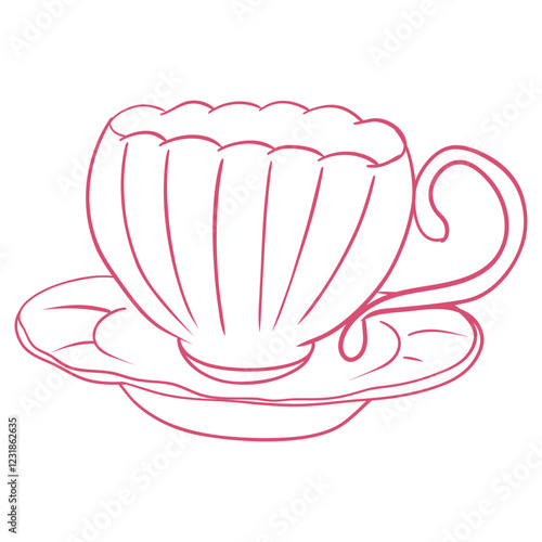 Tea Cup with Saucer – Hand-Drawn Elegant Tea Time Illustration, Cozy and Aesthetic Drinkware in Delicate Line Art Style