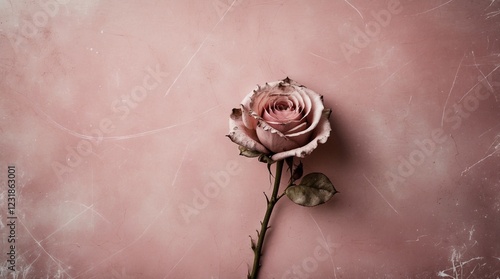 A beautiful dried rose flower on a pastel pink textured erroded wall background. Grunge concrete texture wallpaper design. Blank dusty paper pattern light romance floral backdrop.	 photo