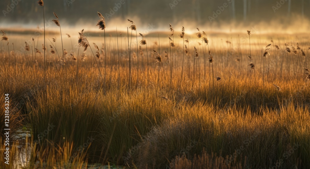 Obraz premium Golden reeds swaying gently in the morning light over a tranquil wetland