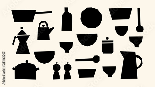 Kitchenware black stickers in flat and naive style. Crockery, cutlery, kitchen equipment for cooking. Bright set of cooking elements. Pan, spoon, fork, frying pan. Vector set