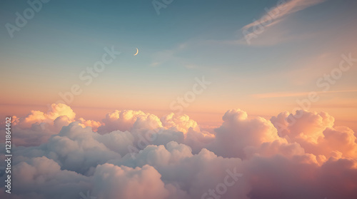 Fototapeta Naklejka Na Ścianę i Meble -  Ethereal cloudscape, sunset sky, pink and orange clouds, aerial view, dreamy atmosphere, soft lighting, wispy cirrus clouds, high altitude perspective, pastel colors, serene mood, heavenly scenery, co