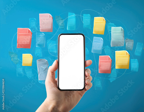 Smartphone held in hand with white screen, colorful floating documents around on light blue background photo