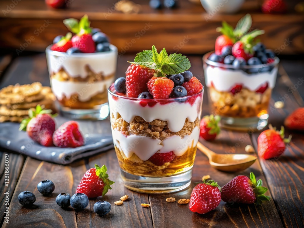Layer creamy Greek yogurt, crunchy granola, and juicy berries in a glass. Drizzle with honey for a delightful parfait. Layer creamy Greek yogurt, crunchy granola, and juicy berries in a glass. Drizzle with honey for a delightful parfait.